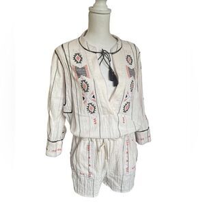 Free People Baja Boho Aztec Embroidered Crean V Neck Romper Size S/P